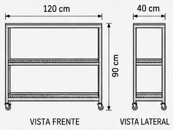 Vista frontal y lateral con medidas: 120 × 90 × 40 cm