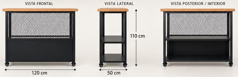 Vistas frontal, lateral y posterior con medidas: 120 × 110 × 50 cm