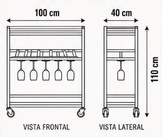 Vista frontal y lateral con medidas: 100 × 110 × 40 cm