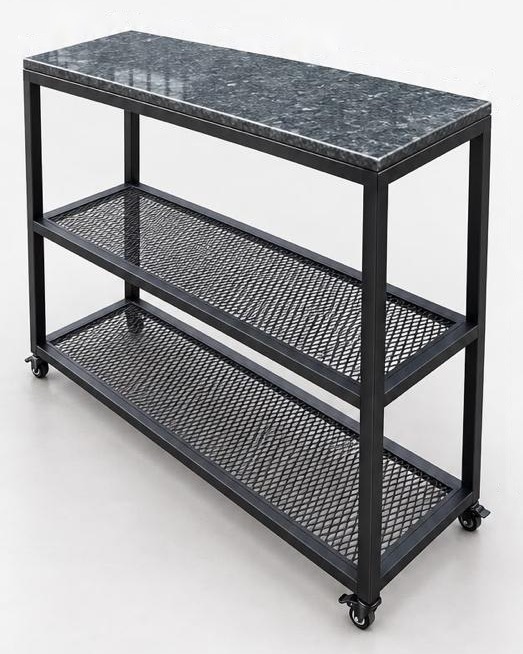 Consola industrial de hierro negro con tapa de granito y dos estantes de chapa desplegada
